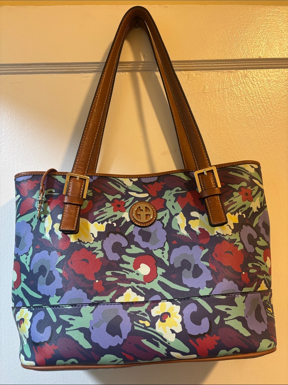 Giani Bernini Floral Canvas Tote with Brown Leather Handles
